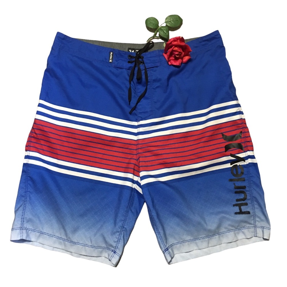 Hurley  Swim Trunks Board Shorts Red White & Blue Sz 34 EUC